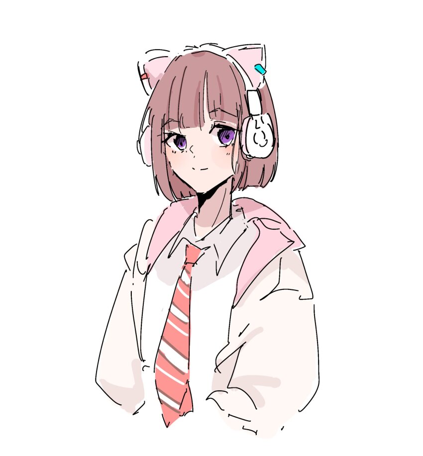 1girl animal_ear_headphones animal_ears blunt_bangs blunt_ends bob_cut brown_hair cat_ear_headphones closed_mouth collared_shirt commentary_request diagonal-striped_clothes diagonal-striped_necktie fake_animal_ears headphones highres hood hooded_jacket ikizulive!_love_live!_bluebird jacket long_sleeves love_live! necktie open_clothes open_jacket orange_necktie purple_eyes roku_aya_fuyu sasaki_shion school_uniform shirt short_hair simple_background sketch smile solo split_mouth striped_clothes unfinished white_background white_jacket white_shirt