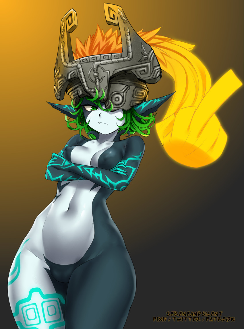 1girl bodypaint breasts brown_background cosplay covered_collarbone crossed_arms curly_hair curvy fang female_focus from_behind gradient_background green_eyes green_hair highres looking_at_viewer matching_hair/eyes medium_breasts medium_hair middle_finger midna midna_(cosplay) navel nintendo nude one-punch_man orange_background pear-shaped_figure pointy_ears sereneandsilent shiny_skin solo tatsumaki tattoo the_legend_of_zelda the_legend_of_zelda:_twilight_princess thick_thighs thighs wide_hips