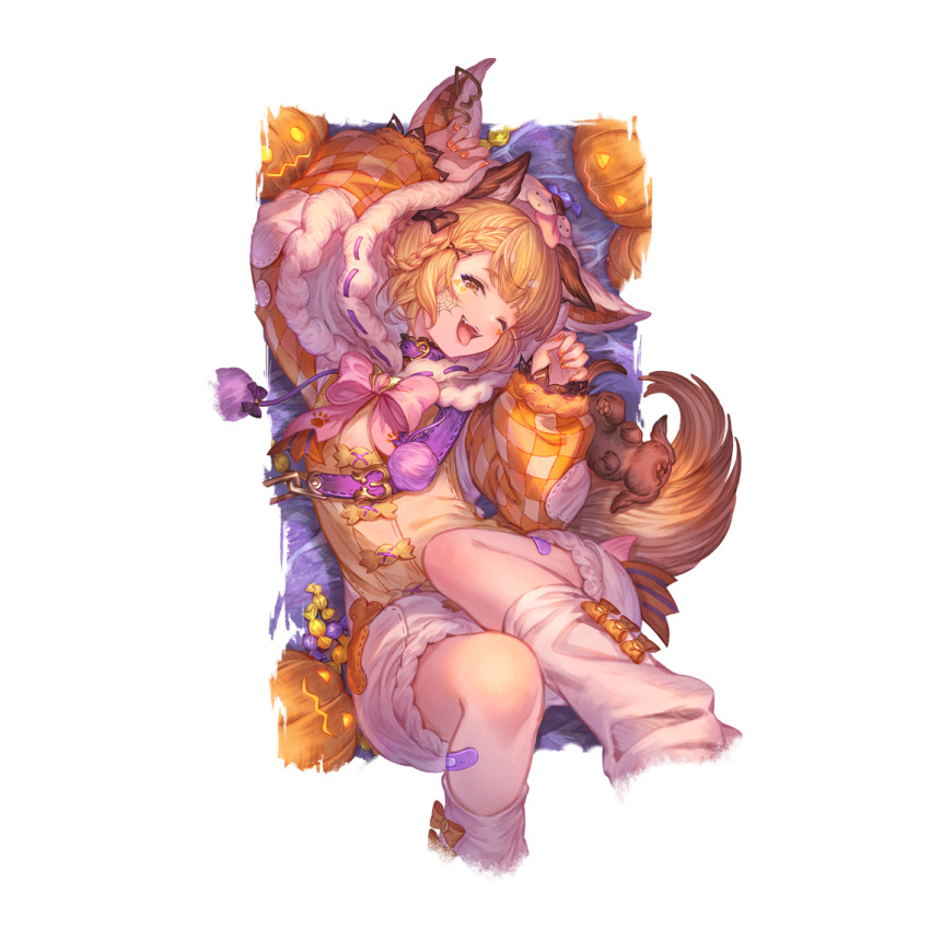 1girl :d animal_ear_fluff animal_ears animal_hood bandaid bandaid_on_leg blonde_hair braid breasts brown_eyes choker crown_braid dog_ears dog_tail erune facepaint fur-trimmed_hood fur_trim granblue_fantasy halloween halloween_costume hood hood_up knees_up leg_warmers looking_at_viewer lying minaba_hideo nail_polish official_alternate_costume official_art on_back one_eye_closed onesie open_mouth orange_nails paw_pose pink_ribbon plaid_clothes plaid_sleeves puffy_shorts puffy_sleeves ribbon short_hair shorts small_breasts smile solo tail tongue tongue_out transparent_background vajra_(granblue_fantasy) white_leg_warmers wide_sleeves
