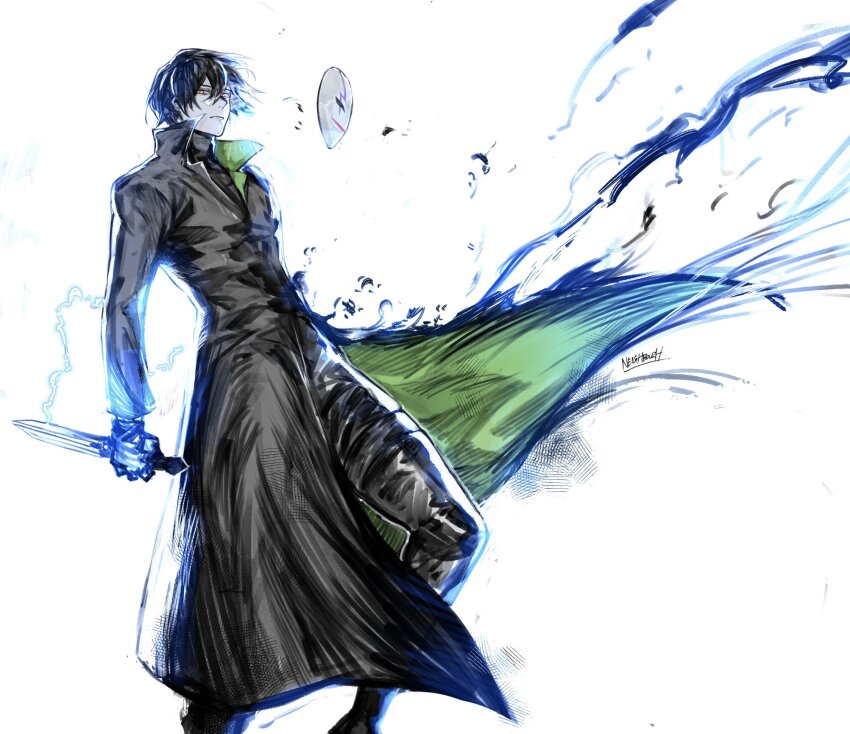 1boy artist_name black_hair black_shirt brown_coat brown_jacket brown_pants closed_mouth coat darker_than_black feet_out_of_frame from_side gloves grey_background hair_between_eyes hei_(darker_than_black) highres holding holding_knife jacket knife long_sleeves male_focus mask unworn_mask pants shirt short_hair solo two-sided_coat two-sided_fabric white_background yourfreakyneighbourh