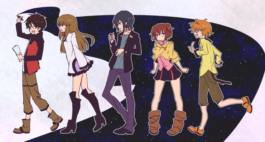 10s 2girls 3boys ankle_boots asagi_toshikazu bad_id bad_pixiv_id banchii blush boots brown_hair glasses highres hitachi_izuru irie_tamaki knee_boots kugimiya_kei majestic_prince medicine multiple_boys multiple_girls pencil short_hair sketchbook skirt space suruga_ataru
