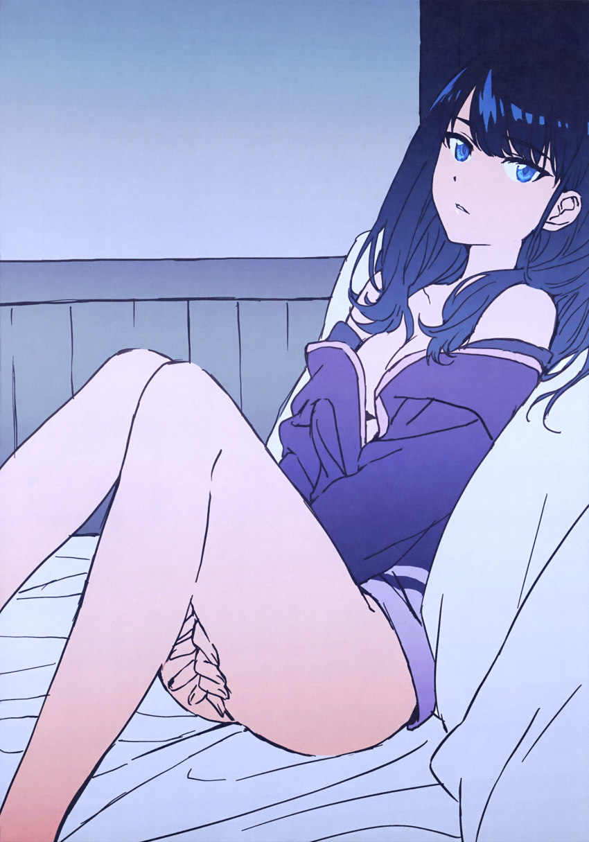 1girl absurdres artbook between_legs black_hair breasts cleavage cosplay feet flat_color gridman_universe hand_between_legs highres igawa_norie indoors long_hair looking_at_viewer night no_bra open_clothes open_shirt parted_lips scan shinjou_akane shinjou_akane_(cosplay) solo ssss.gridman takarada_rikka