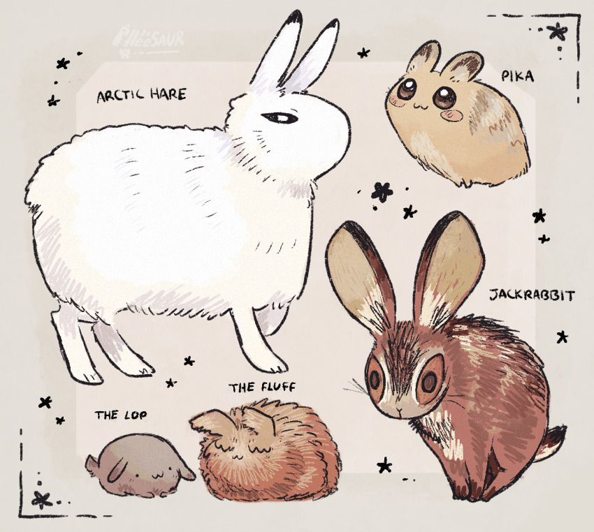 :3 alleesaur angora_rabbit animal animal_focus arctic_hare blush_stickers commentary english_commentary english_text full_body hare_(animal) highres lop_rabbit no_humans original pika_(animal) rabbit whiskers