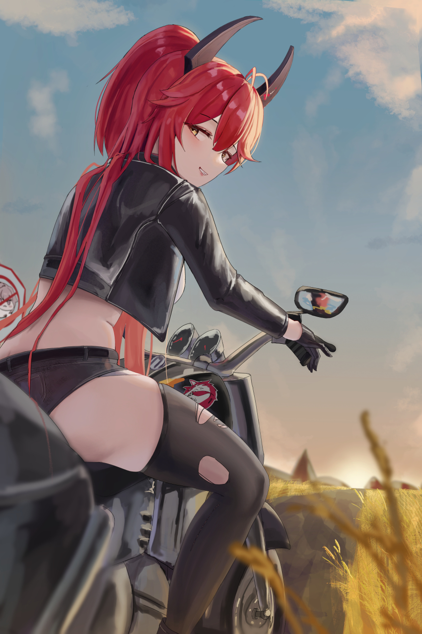 1girl absurdres ass black_jacket black_shorts black_thighhighs blue_sky breasts commentary doro_(nikke) goddess_of_victory:_nikke highres jacket just_tume large_breasts looking_at_viewer looking_back motor_vehicle motorcycle outdoors ponytail red_eyes red_hood_(nikke) riding short_shorts shorts sky smile solo thighhighs torn_clothes torn_thighhighs yellow_eyes