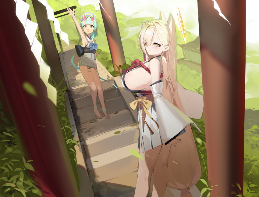 2girls absurdres animal_ears aqua_hair arm_up blonde_hair blue_archive breasts building chise_(blue_archive) detached_sleeves flower grass hair_flower hair_ornament hair_over_one_eye hairband halo highres horns huge_breasts japanese_clothes kaho_(blue_archive) long_hair looking_at_viewer medium_breasts mole mole_under_mouth multiple_girls orange_eyes outdoors prossss red_eyes rope shimenawa sideboob sleeveless smack stairs standing torii very_long_hair white_flower wide_sleeves