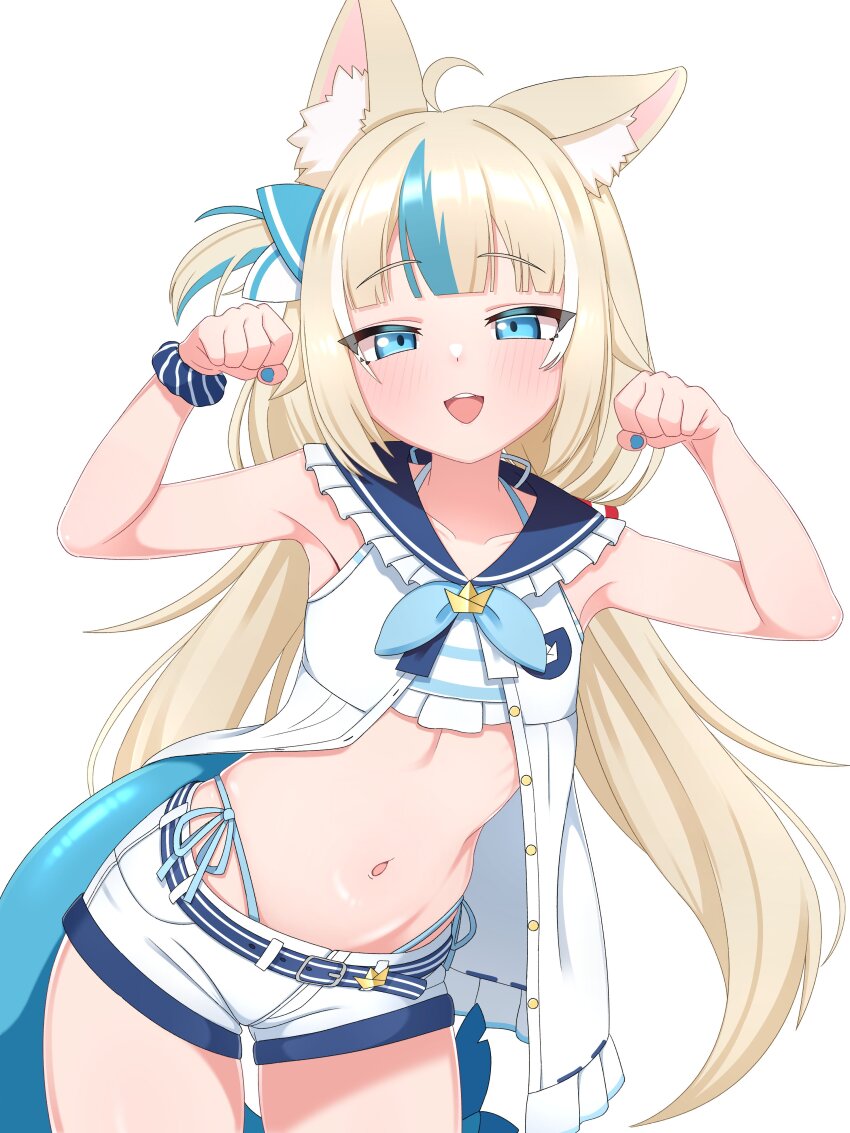 1girl absurdres animal_ear_fluff animal_ears aqua_bikini aqua_hair aqua_nails bikini bikini_under_shorts blonde_hair blue_eyes blush cat_ears cowboy_shot dress fins fish_girl fish_tail frilled_shirt_collar frills highres indie_virtual_youtuber long_hair looking_at_viewer mingkozus multicolored_hair navel open_mouth paw_pose sameko_saba short_shorts shorts side-tie_bikini_bottom simple_background sleeveless sleeveless_dress solo streaked_hair striped_bikini striped_clothes swimsuit tail virtual_youtuber white_background white_dress white_shorts