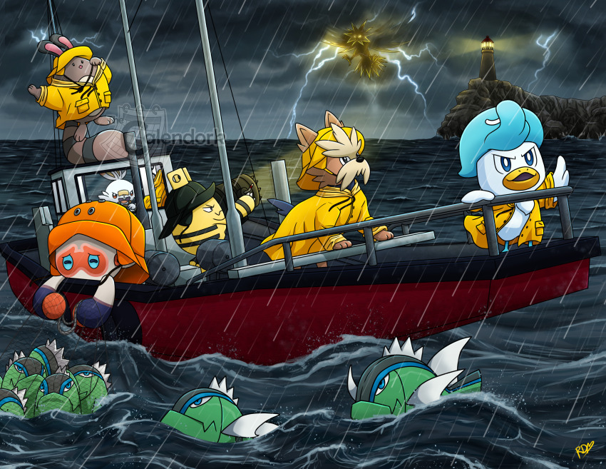 absurdres artist_name basculin basculin_(blue) blue_eyes boat bucket_hat clobbopus closed_mouth clothed_pokemon cloud cloudy_sky commentary dark_clouds electricity elekid english_commentary fish fishing fishing_net gen_1_pokemon gen_2_pokemon gen_5_pokemon gen_8_pokemon glowing glowing_eyes green_hat hat herdier highres legendary_pokemon lighthouse lightning nintendo no_humans ocean open_mouth orange_hat pokemon pokemon_(creature) pokemon_focus quaxly rain raincoat scorbunny searchlight sentret sky storm swimming tail teeth thecalendork upper_teeth_only v-shaped_eyes water watercraft watermark yellow_hat yellow_raincoat zapdos