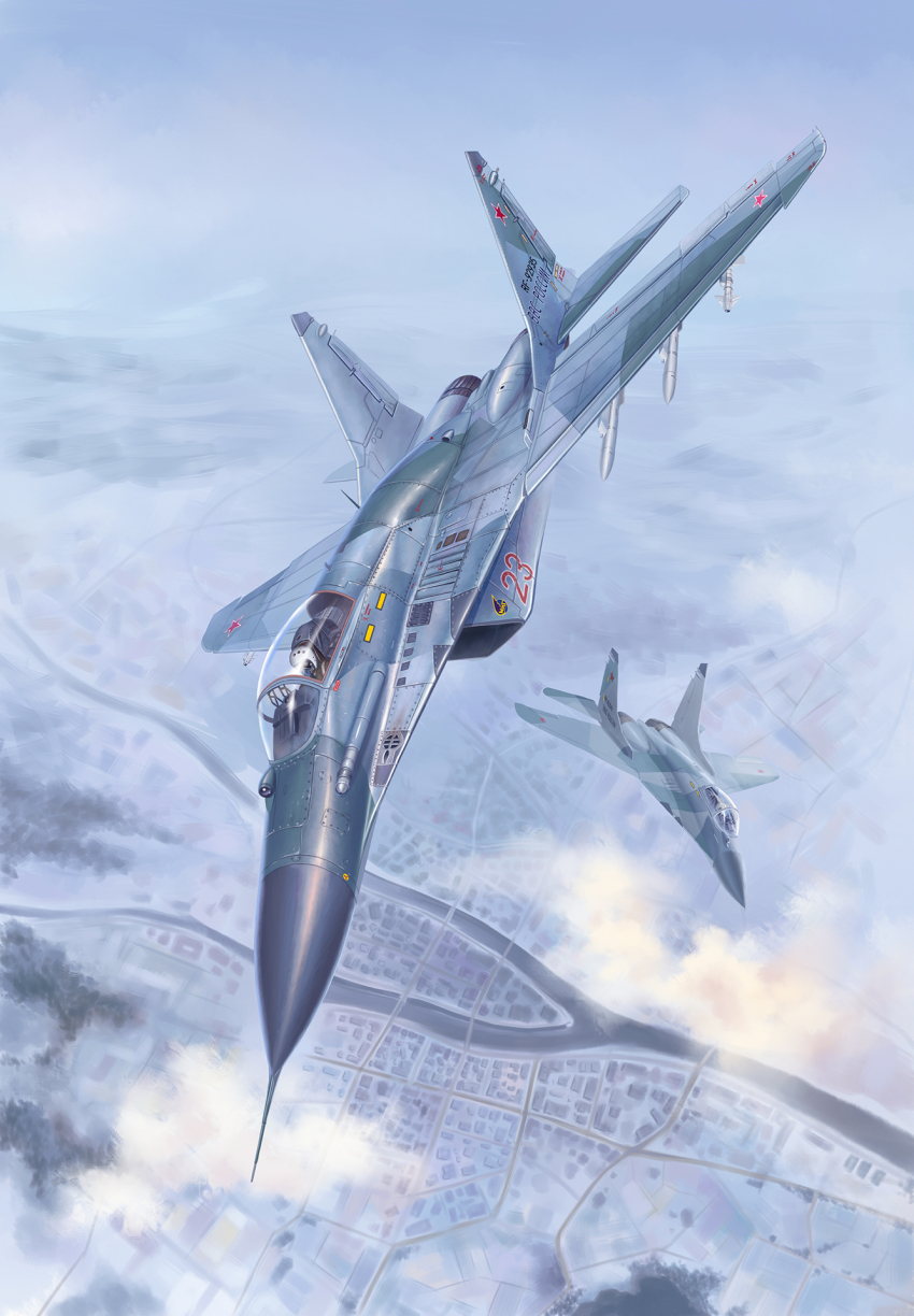 2boys above_clouds aircraft airplane cloud cockpit cyrillic fighter_jet flying helmet highres mig-29 military military_vehicle missile multiple_boys original pilot_helmet pilot_suit piloting realistic russia vehicle_focus zuotian_de_yu