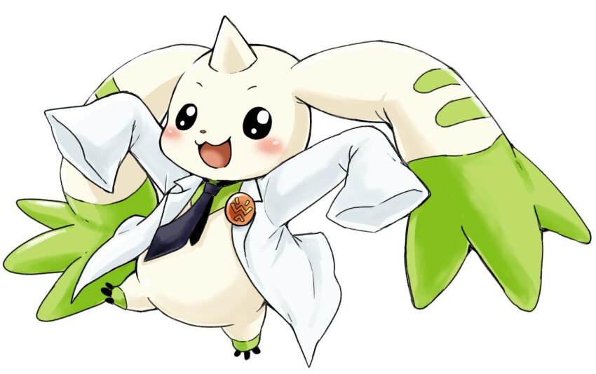 coat digimon digimon_(creature) horns necktie simple_background solo terriermon_assistant white_background