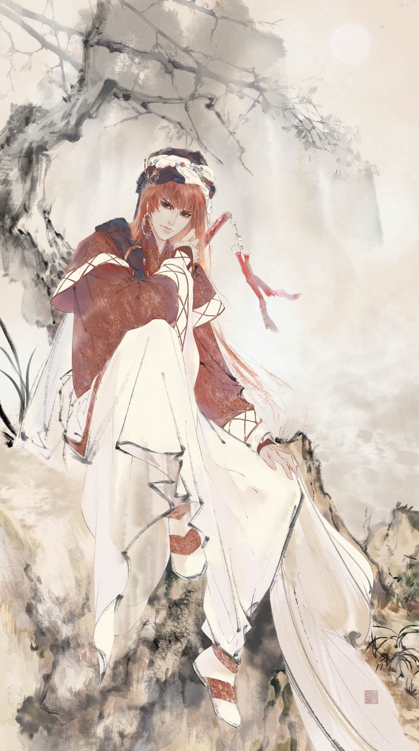 1boy black_eyes blue_gemstone blunt_bangs chinese_clothes closed_mouth fog fransbell full_body gem hand_on_own_knee hanfu hat highres jewelry jinguang_budaixi long_hair looking_at_viewer male_focus outdoors patterned_clothing plant red_gemstone red_hair red_hanfu red_sleeves shoes sitting sleeves_past_wrists sun sword sword_on_back three_quarter_view tree weapon weapon_on_back white_hanfu white_shoes wide_sleeves wuqing_zangyue