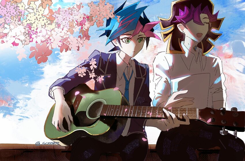 2boys ai_(yu-gi-oh!) alternate_form android black_hair black_jacket black_pants blazer blue_necktie blue_sky cherry_blossoms closed_eyes cloud cloudy_sky colored_bangs dappled_sunlight dress_shirt facing_to_the_side fujiki_yusaku green_eyes guitar holding holding_guitar holding_instrument holding_paper humanoid_robot instrument jacket looking_to_the_side loose_necktie male_focus multiple_boys music necktie one-eyed open_clothes open_jacket open_mouth outdoors pants paper pink-flower playing_guitar playing_instrument robot screen0624 shirt side-by-side sitting_on_fence sky sleeves_rolled_up sunlight white_shirt yu-gi-oh! yu-gi-oh!_vrains