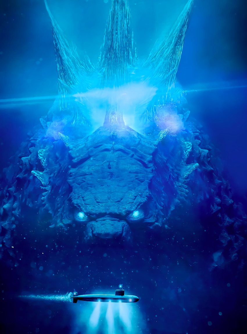 absurdres ballistic_missile_submarine bioluminescence bubble dinosaur glowing glowing_eyes godzilla godzilla:_king_of_the_monsters godzilla_(series) highres kaiju legendary_pictures military military_vehicle monsterverse no_humans nuclear_submarine ocean official_art sea_monster spikes submarine toho underwater uss_scorpion watercraft