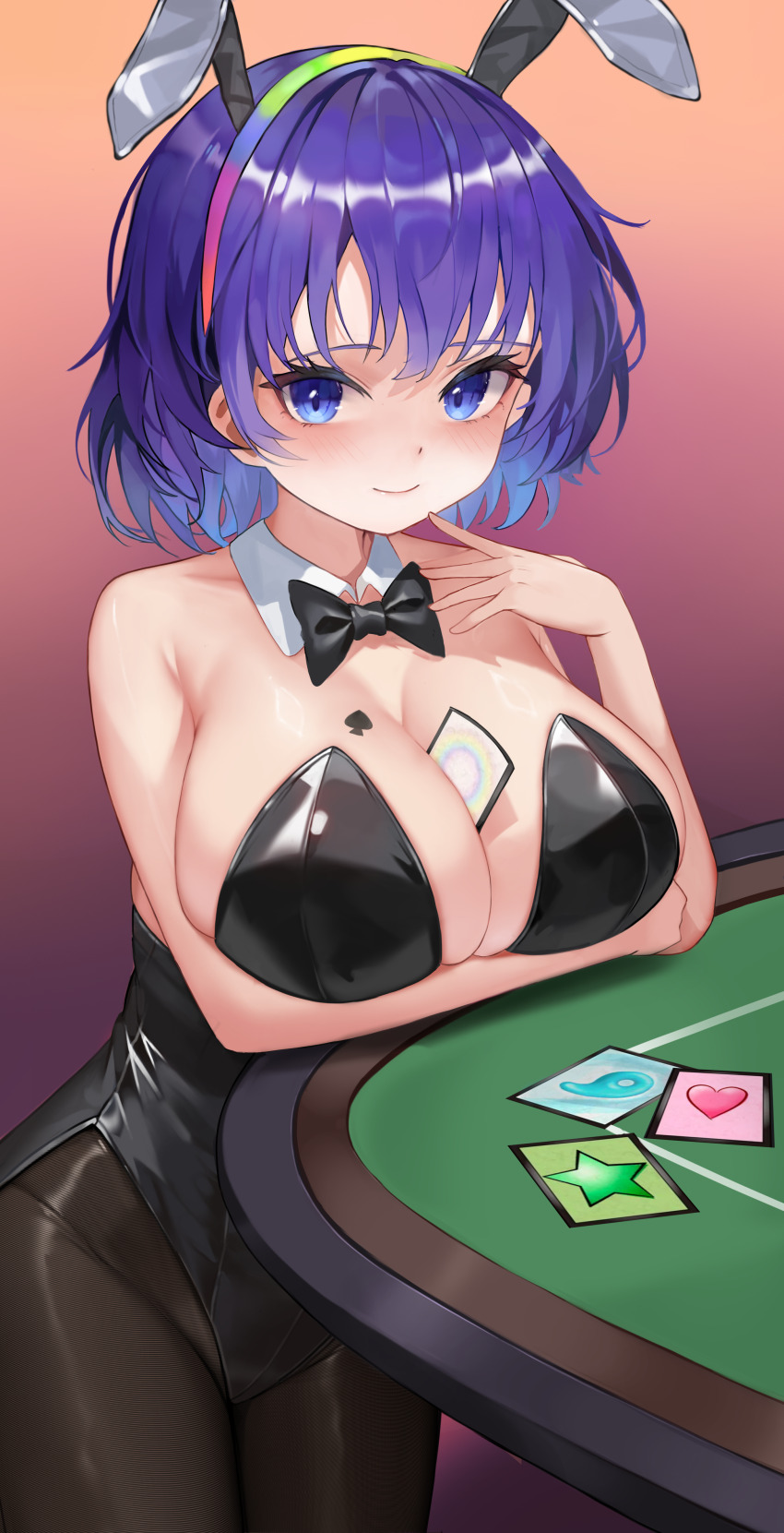 1girl absurdres alternate_breast_size alternate_costume animal_ears arm_under_breasts armpit_crease bare_shoulders between_breasts black_bow black_bowtie black_leotard black_pantyhose blue_eyes blue_hair blush bow bowtie breasts card card_between_breasts casino_card_table cleavage closed_mouth commentary cowboy_shot detached_collar dobostorte eyelashes fake_animal_ears fine_fabric_emphasis gradient_background hair_between_eyes hairband hand_up highleg highleg_leotard highres huge_breasts large_breasts leotard looking_at_viewer medium_hair pantyhose pink_background playboy_bunny rabbit_ears rainbow_hairband simple_background smile solo strapless strapless_leotard symbol-only_commentary table tenkyuu_chimata touhou