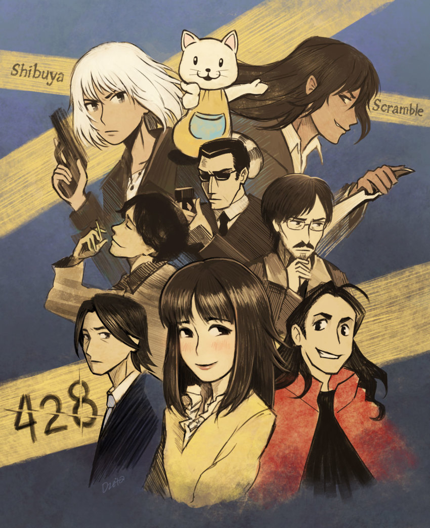 428 428:_fuusa_sareta_shibuya_de 428_shibuya_scramble 4girls 5boys alphard_(canaan) artist_name beard beige_coat black_shirt black_suit blouse blue_necktie blue_suit canaan_(character) canaan_(series) cigarette coat dzetawmdunion endou_achi facial_hair formal_clothes gun highres jack_stanley jacket kanou_shinya knife mascot minorikawa_minoru multiple_boys multiple_girls necktie oosawa_hitomi_(428_shibuya_scramble) oosawa_kenji red_jacket shirt smile suit sunglasses tama_(428_shibuya_scramble) title weapon yellow_shirt