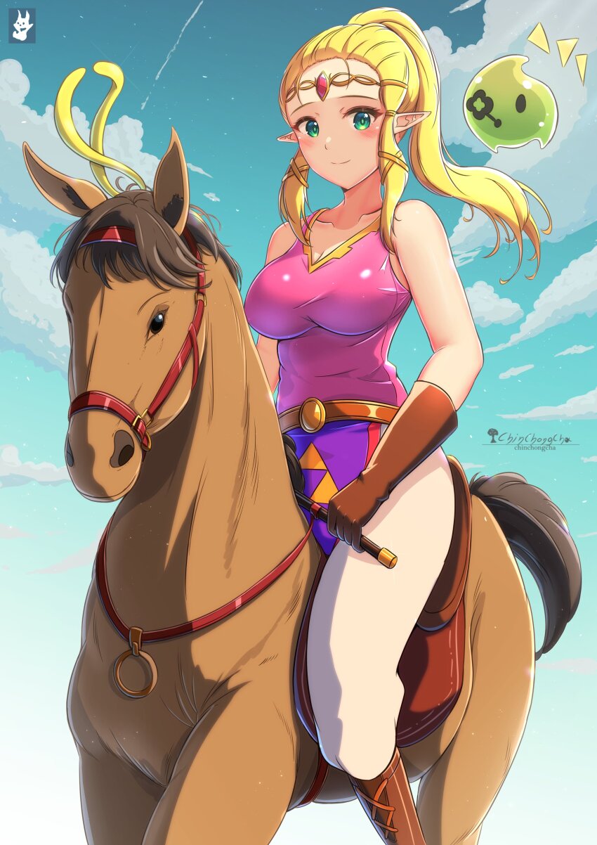 1girl absurdres blonde_hair blush breasts chinchongcha circlet dress gloves green_eyes highres holding holding_staff horse horseback_riding jewelry long_hair mage_staff nintendo pointy_ears princess_zelda riding rod smile staff the_legend_of_zelda the_legend_of_zelda:_echoes_of_wisdom tri_(zelda) tri_rod