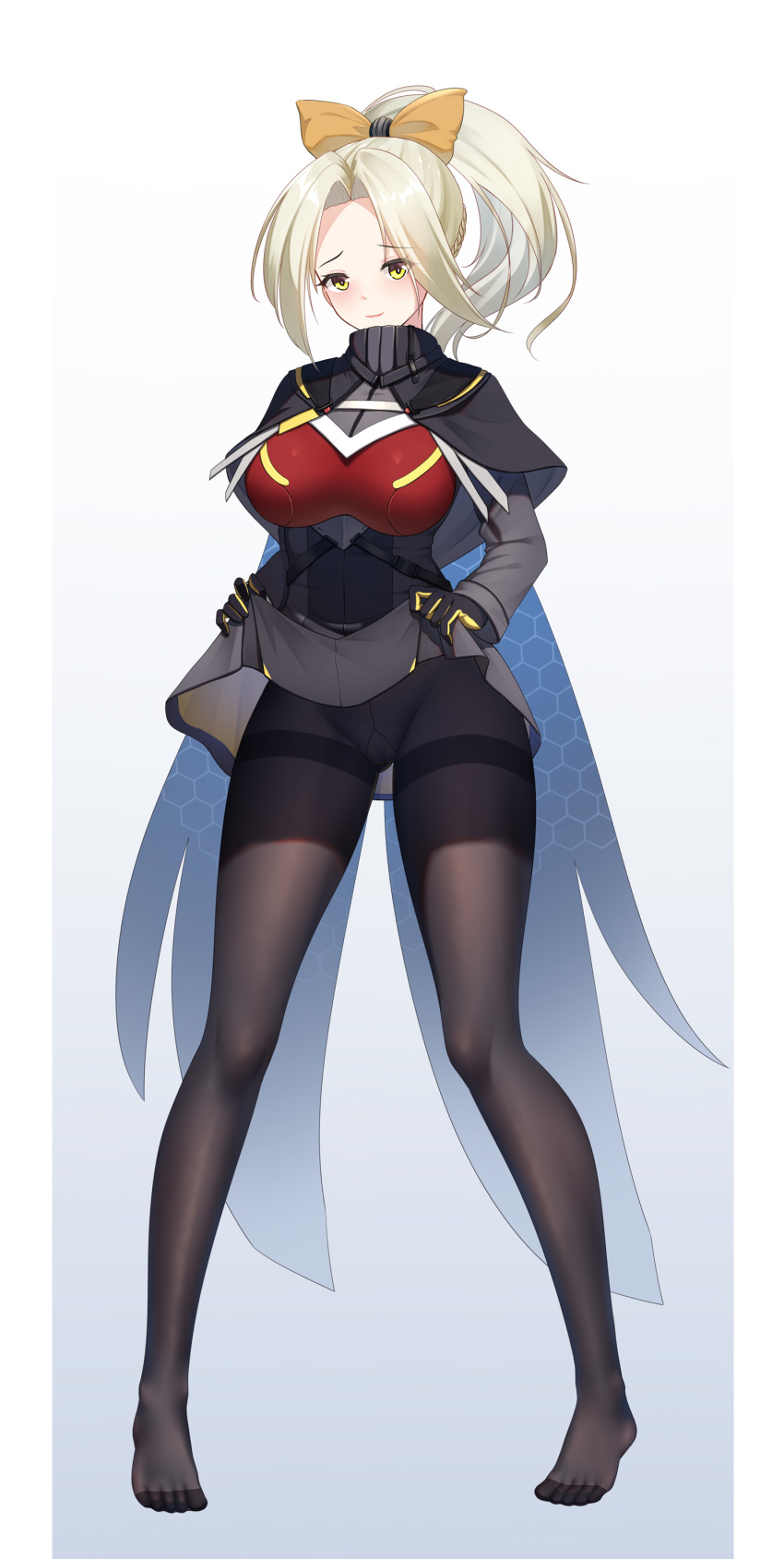 1girl absurdres black_pantyhose clothes_lift feet full_body gloves gradient_background highres laoan legs lifting_own_clothes long_hair long_sleeves looking_at_viewer no_panties no_shoes pantyhose platinum_blonde_hair ponytail skirt skirt_lift soles ticonderoga_(warship_girls_r) warship_girls_r yellow_eyes