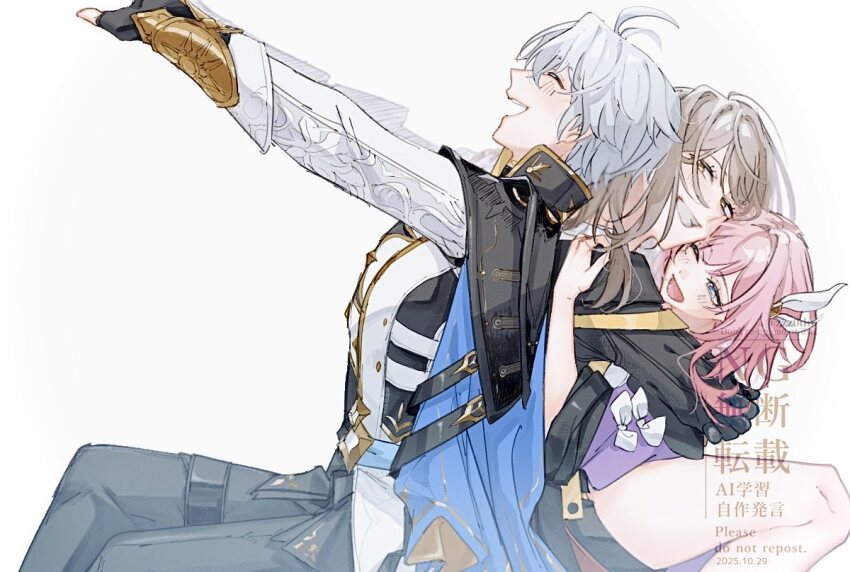 1boy 2girls ahoge black_coat black_pants blue_cape blue_eyes cape coat commentary_request cyrene_(aedes_elysiae)_(honkai:_star_rail) cyrene_(honkai:_star_rail) honkai:_star_rail honkai_(series) hug multiple_girls pants phainon_(honkai:_star_rail) purple_coat purple_eyes short_hair simple_background stelle_(honkai:_star_rail) trailblazer_(honkai:_star_rail) white_background white_coat zzz0du