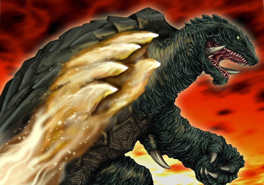 absurdres amputee claws daiei_film elbow_blade elbow_spikes embers energy energy_fist fire gamera gamera_(series) gamera_3:_revenge_of_iris green_eyes highres kaiju mana_(mythology) monster no_humans open_mouth plasma prosthesis prosthetic_arm roaring satoru33 sharp_teeth simple_background teeth tongue turtle tusks