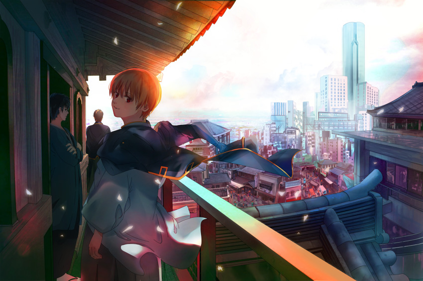 3boys architecture black_eyes black_hair building cityscape cloud commentary crossed_arms doorway east_asian_architecture eaves gintama hakama hijikata_toushirou jacket jacket_on_shoulders japanese_clothes kondou_isao looking_at_viewer looking_back male_focus multiple_boys okita_sougo police police_uniform railing red_eyes shaded_face shinsengumi_(gintama) shirt sky skyscraper smile spiked_hair standing sunset taiji_(th7kmwr) walking white_shirt wind