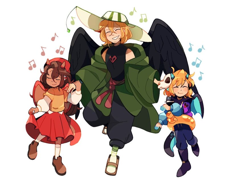 1girl 2boys adapted_costume bird_boy bird_wings blonde_hair brother_and_sister brown_hair chayanne closed_eyes commentary dancing dragon_boy dragon_girl dragon_horns dragon_tail dragon_wings duck_innertube english_commentary family father_and_daughter father_and_son full_body grin hardcore_heart horns long_hair mask medium_hair minecraft_youtube multiple_boys musical_note personification ph1lza quackity_smp siblings simple_background skull_mask sleepy_cheeky smile striped_clothes striped_headwear tail tallulah_(old_design)_(quackity_smp) tallulah_(quackity_smp) white_background wings