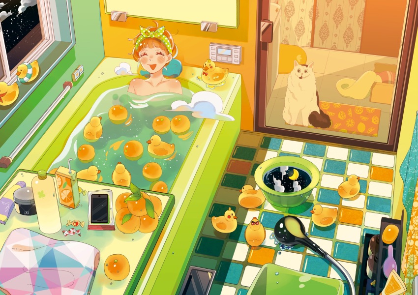 1girl ^_^ animal armpit_crease bag bath bathing bathroom bathtub blush_stickers bottle bucket bucket_of_water candy candy_wrapper cat cellphone closed_eyes cloud collarbone colorful curtains food from_above fruit glass_door hair_brush handlebar highres in_water jar juice_box night night_sky nude okachou_mozu open_mouth orange_(fruit) orange_hair original pet phone plastic_bag rubber_duck rug short_hair shoulder_blush shower_head sky slice_of_life smartphone smile solo squeeze_bottle star_(sky) starry_sky steam table thermostat tile_floor tiles too_many towel vent_(object) warm_colored water white_cat window windowsill