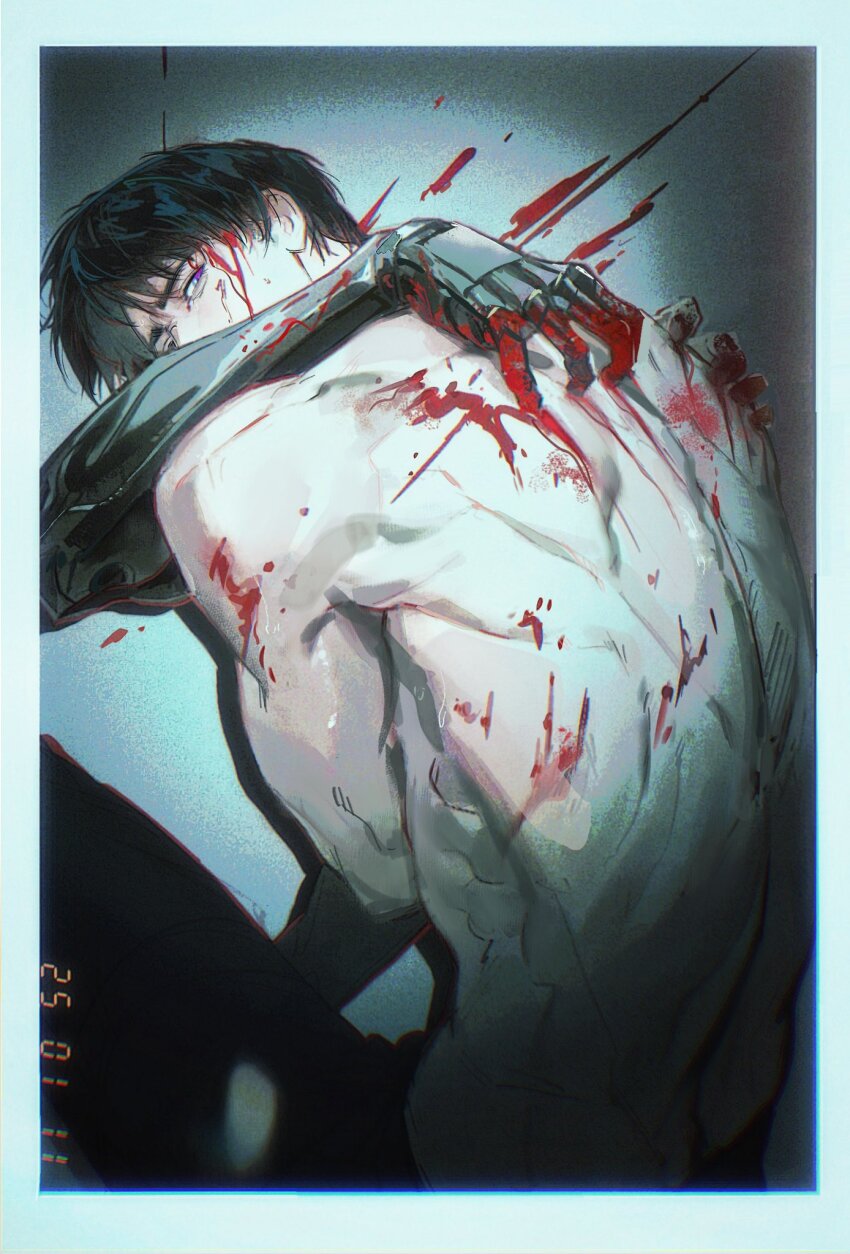 1boy black_hair black_pants blood caleb_(love_and_deepspace) feet_out_of_frame highres injury looking_at_viewer love_and_deepspace male_focus muscular muscular_male pants prosthesis prosthetic_arm purple_eyes scratches scratching_back short_hair sitting solo topless_male yujin_hare