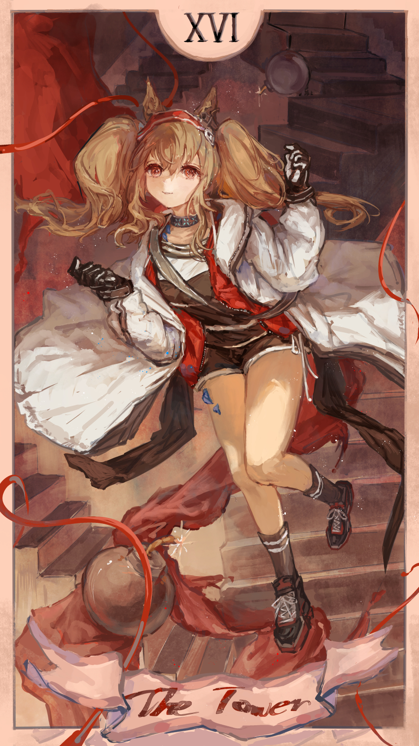 1girl absurdres angelina_(arknights) animal_ears arknights black_collar black_gloves black_shoes black_shorts black_socks bomb border brown_hair card_(medium) coat collar collarbone commentary dot_nose earpiece english_commentary english_text explosive floating_clothes floating_hair fox_ears full_body gloves hairband hands_up highres indoors infection_monitor_(arknights) jacket karenncat kneehighs layered_shirt lit_fuse long_hair long_sidelocks long_sleeves looking_at_viewer material_growth on_stairs open_clothes open_coat open_jacket oripathy_lesion_(arknights) red_eyes red_hairband red_jacket shoes short_shorts shorts sidelocks smile sneakers socks standing striped_clothes striped_hairband tarot tarot_(medium) the_tower_(tarot) twintails unzipped white_border white_coat