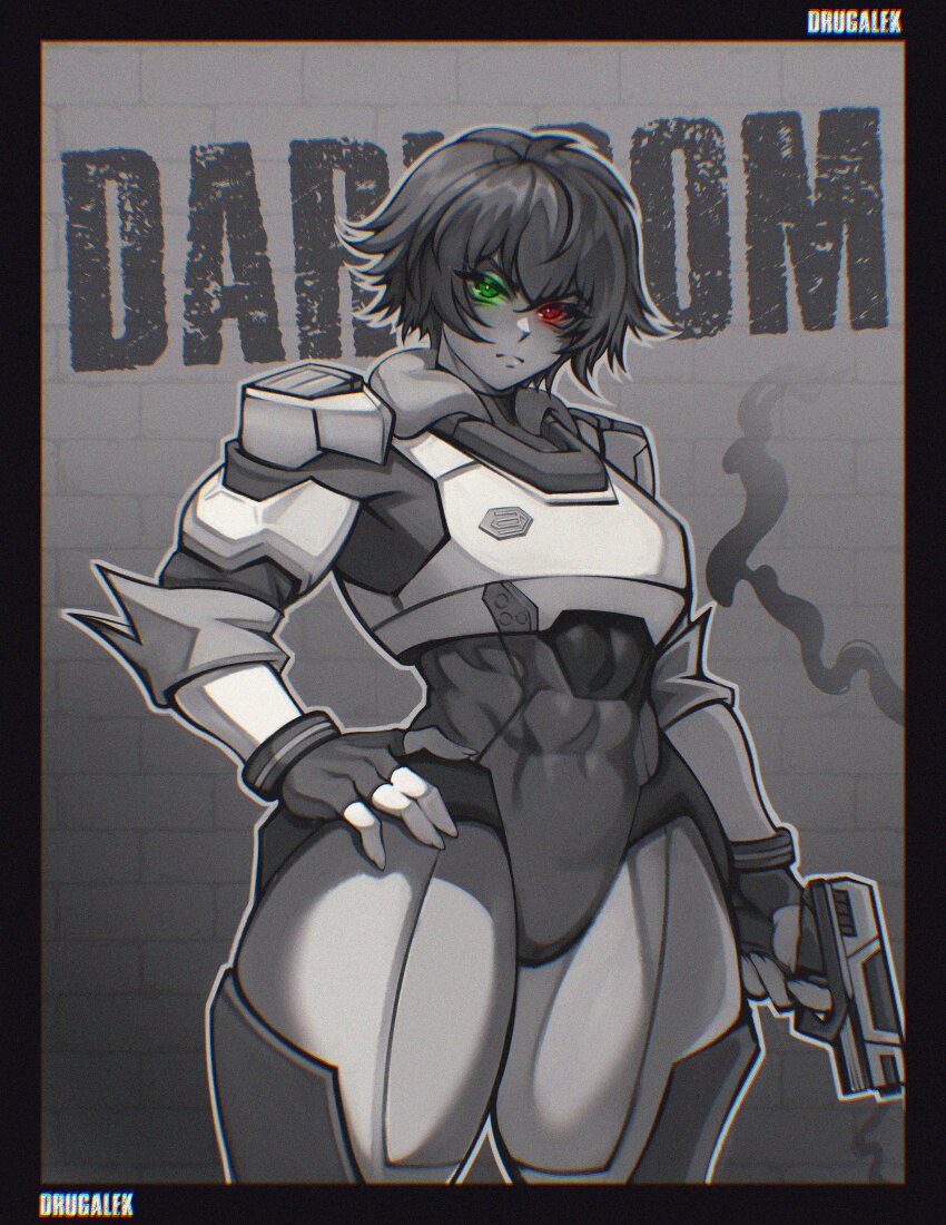 abs armor bodysuit devil_may_cry_(netflix) devil_may_cry_(series) gloves glowing glowing_eyes green_eyes gun heterochromia highres holding holding_weapon lady_(devil_may_cry) milka01477 muscular muscular_female red_eyes short_hair smoke weapon