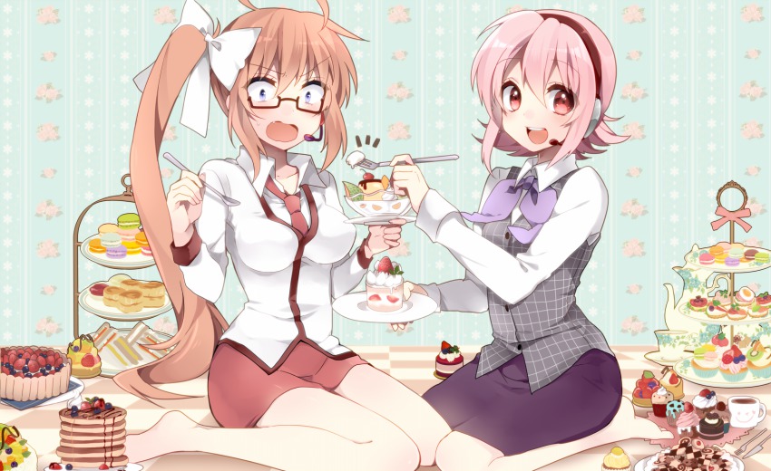 2girls bad_id bad_pixiv_id barefoot blue_eyes blueberry blush brown_hair cake checkerboard_cookie checkered_floor cherry coffee cookie cup cupcake fang feeding food fork fruit glasses hairband headset highres ichinose_yukino knife long_hair macaron miniskirt mug multiple_girls nah naho pancake pencil_skirt pink_hair plate pudding short_hair side_ponytail sitting skirt smile spoon strawberry strawberry_shortcake thumbprint_cookie tiered_tray utau utau_nami v-shaped_eyebrows very_long_hair vocaloid wariza wavy_mouth