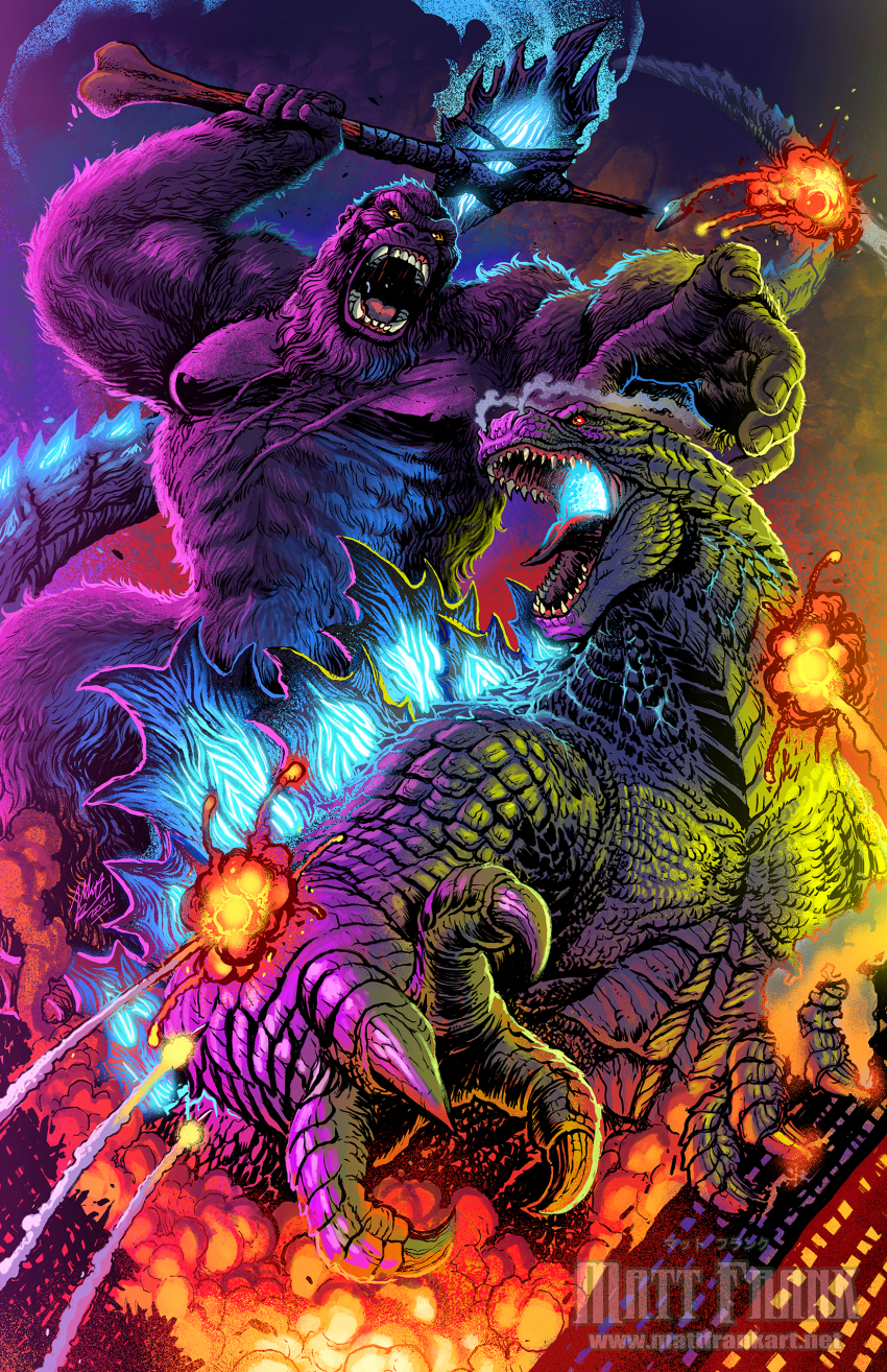 absurdres ape atomic_breath axe battle battle_axe bioluminescence bone bone_axe bone_weapon building burning_axe city claws cloud crossover destruction dinosaur energy explosion fangs fire flaming_weapon giant gills gloves glowing glowing_axe glowing_eyes glowing_gills glowing_mouth glowing_spikes glowing_weapon godzilla godzilla_(monsterverse) godzilla_(series) godzilla_vs._kong gorilla highres holding holding_axe holding_weapon kaiju king_kong king_kong&#039;s_battle_axe king_kong_(series) kong_(monsterverse) legendary_pictures matt_frank missile monster monsterverse muscular muscular_male no_humans open_mouth plasma scales scar scar_on_chest science_fiction sharp_teeth sky smoke spikes spines steam tail teeth toho weapon