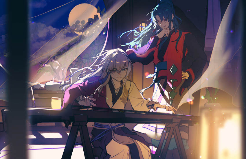 2boys absurdres aizendai archer_(fate/samurai_remnant) black_hanfu chinese_clothes curtains fate/samurai_remnant fate_(series) floating_hair full_moon green_hair grey_hair guzheng hair_ornament hanfu highres instrument long_hair male_focus moon multicolored_hair multiple_boys music night night_sky playing_instrument red_hanfu sky smile streaked_hair tassel tassel_hair_ornament tree white_hanfu wind yellow_eyes zheng_chenggong_(fate)