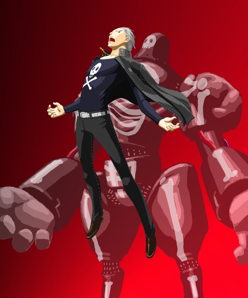 2boys artist_request atlus belt bullet dual_persona gradient_background grey_eyes grey_hair highres jacket jacket_on_shoulders jewelry jolly_roger looking_at_viewer male_focus multiple_boys muscular necklace open_mouth pants persona persona_4 red_background scar shoes short_hair skeleton take-mikazuchi tatsumi_kanji