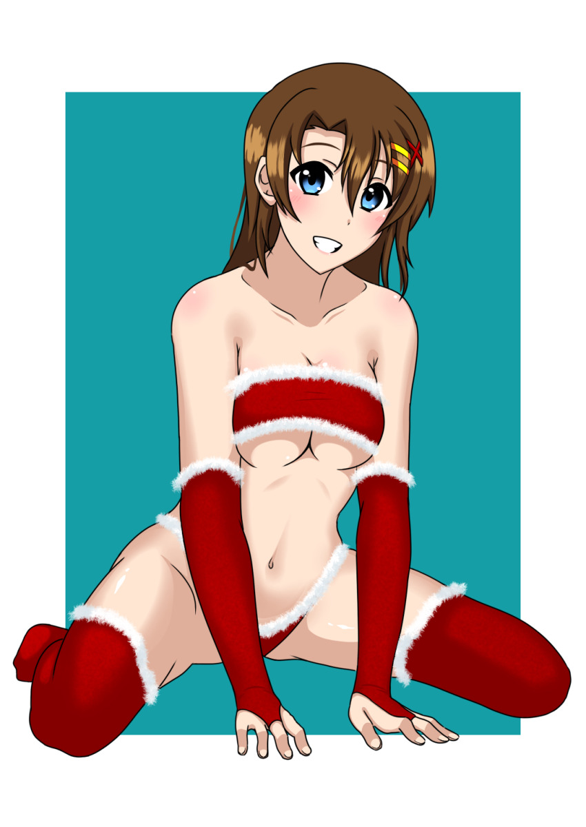 1girl blue_eyes blush breasts brown_hair christmas elbow_gloves gloves grin hair_ornament highres kunisaki-air large_breasts looking_at_viewer lyrical_nanoha mahou_shoujo_lyrical_nanoha_strikers navel red_gloves red_thighhighs short_hair smile solo thighhighs underboob x_hair_ornament yagami_hayate