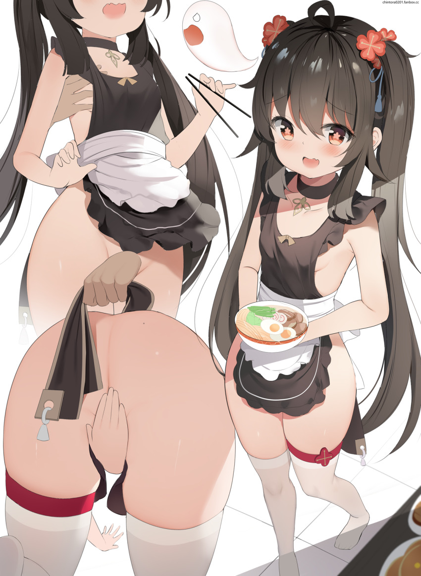 1girl 1other aged_down ahoge apron ass bare_shoulders blush bowl breasts brown_hair chintora0201 choker chopsticks covering_crotch covering_privates egg flower flower-shaped_pupils food genshin_impact ghost hair_between_eyes hardboiled_egg highres holding holding_bowl holding_chopsticks hu_tao_(genshin_impact) long_hair looking_at_viewer mole mole_on_ass naked_apron noodles open_mouth pork ramen red_eyes sideboob small_breasts soup symbol-shaped_pupils thighhighs thighs top-down_bottom-up twintails very_long_hair white_thighhighs