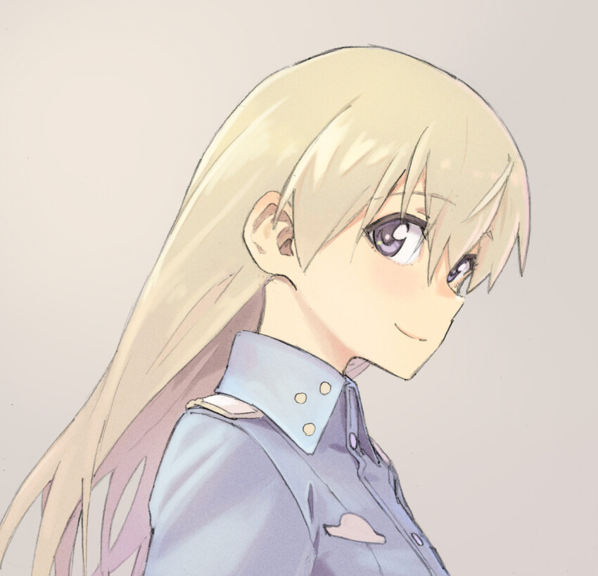 1girl blonde_hair blue_shirt buttons collared_shirt commentary_request dress_shirt eila_ilmatar_juutilainen eyebrows_hidden_by_hair from_side grey_background hair_between_eyes long_hair looking_at_viewer looking_to_the_side military_uniform purple_eyes shiratama_(hockey) shirt shoulder_boards sidelocks simple_background smile solo strike_witches world_witches_series