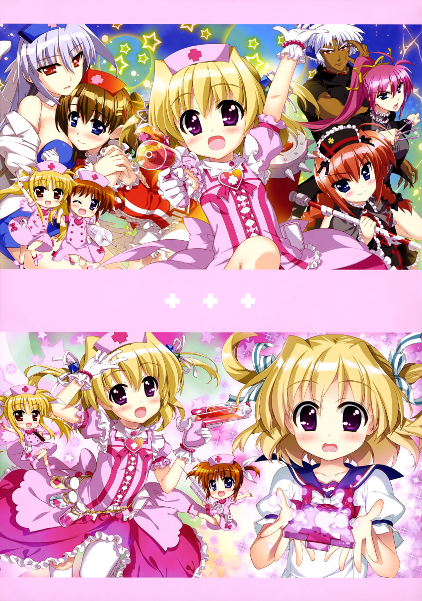 1boy 6+girls absurdres ahoge animal_ears arm_up bandages black_bow black_eyes black_shirt blonde_hair blue_dress blue_eyes bow bracelet braid breasts brown_hair choker dark_skin dog_ears dress eyebrows fate_testarossa fujima_takuya gloves hair_bow hair_ribbon hat headdress high_ponytail highres holding holding_weapon jewelry large_breasts long_hair looking_at_viewer lyrical_nanoha mahou_shoujo_lyrical_nanoha mahou_shoujo_lyrical_nanoha_a&#039;s multiple_girls nurse nurse_cap one_eye_closed open_clothes open_mouth open_shirt orange_hair outstretched_arms ponytail purple_eyes red_eyes red_hair reinforce ribbon shamal shirt signum smile striped_ribbon takamachi_nanoha twin_braids twintails very_long_hair vita_(nanoha) w weapon white_gloves white_hair white_ribbon white_shirt yagami_hayate yellow_ribbon zafira