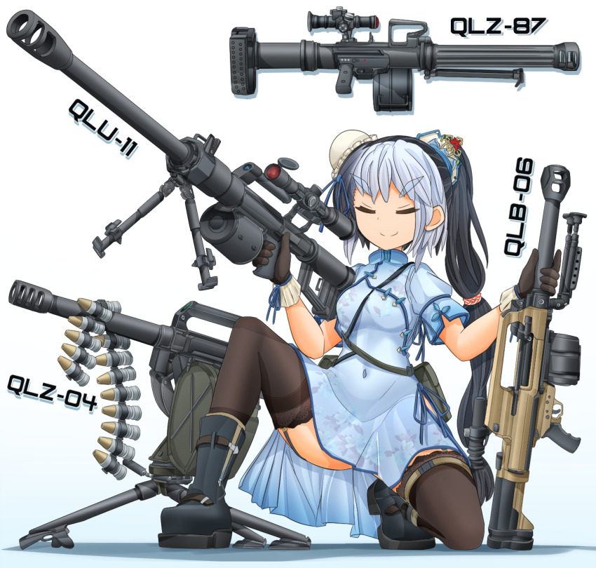 1girl 35x32mm_type_87_hv 35x32mm_type_87_hv_hedp_dfj87 35x32srmm_hv 35x32srmm_hv_hedp_dfj87 airburst_grenade_launcher ammunition ammunition_belt ammunition_focus anti-materiel_cartridge anti-materiel_rifle armor-piercing_ammunition automatic_grenade_launcher bipod black_boots black_gloves black_hair black_thighhighs blue_dress blue_hair boots bun_cover chart china_dress chinese_clothes closed_mouth combat_boots commentary computerized_scope covered_navel crew-served_weapon dress drum_magazine dual-purpose_cartridge explosive explosive_weapon facing_viewer floral_print fragmentation_grenade fragmentation_warhead garter_straps gloves grenade grenade_cartridge grenade_launcher gun hair_bun hair_ornament harness high-capacity_magazine high-explosive_anti-tank_(warhead) high-explosive_cartridge high-explosive_dual-purpose_cartridge high_collar highres holding holding_weapon long_gun long_hair low-tied_long_hair magazine_(weapon) mikeran_(mikelan) military_cartridge multi-tied_hair multicolored_hair norinco_(firearms_manufacturer) on_one_knee original pouch precision-guided_firearm print_dress qlb-06 qlu-11 qlz-04 qlz-87 rifle scope shadow shaped_charge short_dress short_sleeves side_ponytail side_slit sight_(weapon) single_hair_bun smart_scope smart_scope_focus smile smug sniper_grenade_launcher sniper_rifle solo supersonic_ammunition telescopic_sight thermal_weapon_sight thick_eyebrows thighhighs tripod two-tone_hair v-shaped_eyebrows weapon weapon_focus weapon_mount weird_guns_of_the_world white_background xiafeng_machinery