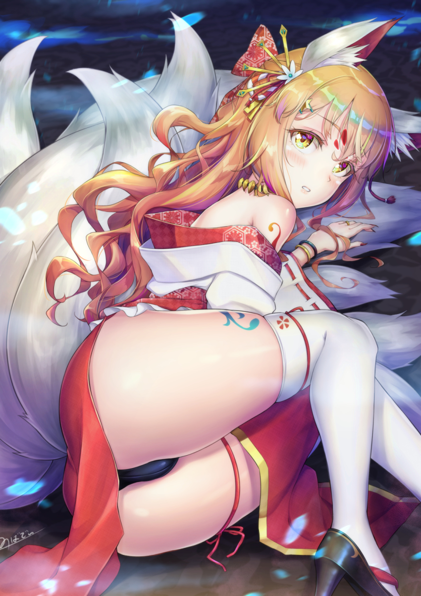 1boy animal_ears ass bare_shoulders blush bulge clothes_lift crossdressing fingernails fox_boy fox_ears fox_tail halloween halloween_costume high_heels highres japanese_clothes kimono kitsune kyuubi long_hair looking_at_viewer lying male_focus miko multiple_tails natsusora_wakana novady orange_hair original panties parted_lips sharp_fingernails shiny_skin skindentation skirt skirt_lift solo tail tattoo thighhighs thighs trap underwear yellow_eyes