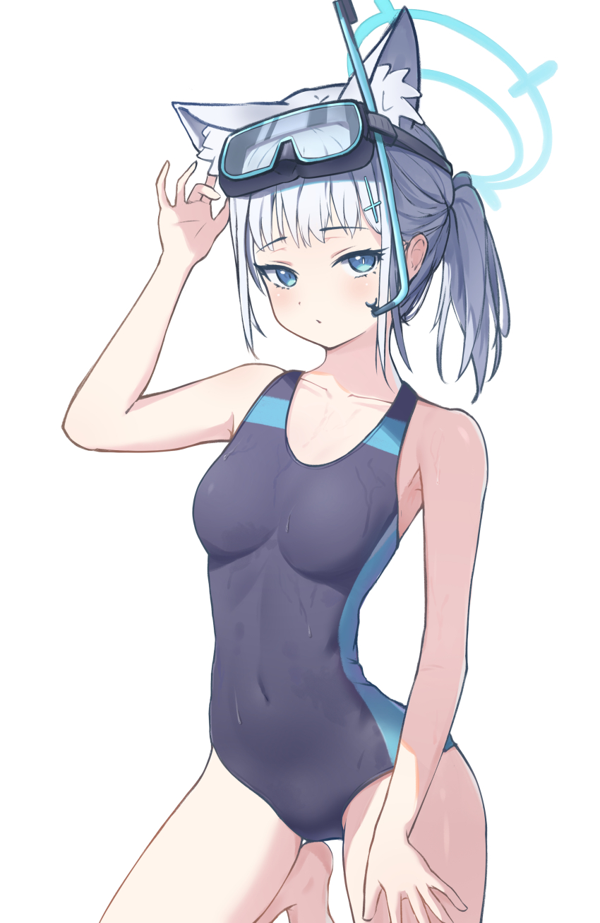 1girl absurdres animal_ear_fluff animal_ears black_one-piece_swimsuit blue_archive blue_eyes breasts competition_swimsuit covered_navel cross_hair_ornament diving_mask diving_mask_on_head extra_ears goggles goggles_on_head grey_hair hair_ornament halo highres kamory kneeling low_ponytail medium_breasts medium_hair mismatched_pupils multicolored_swimsuit official_alternate_costume one-piece_swimsuit ponytail shiroko_(blue_archive) shiroko_(swimsuit)_(blue_archive) simple_background snorkel solo swimsuit white_background wolf_ears