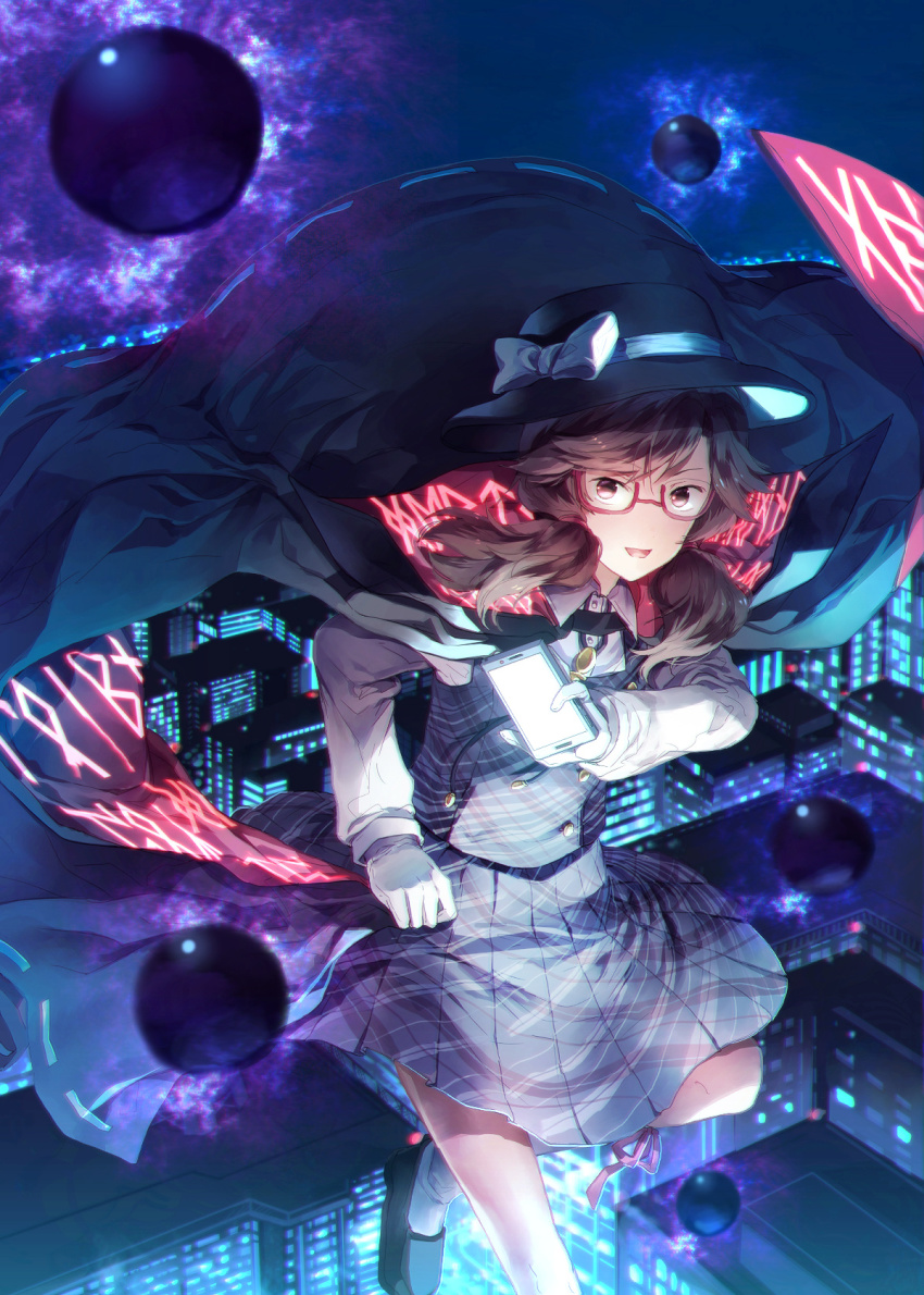 1girl brown_eyes brown_hair building cape cellphone city city_lights fedora female_focus flying glasses gloves hat highres looking_at_viewer night no_nose occult_ball phone pleated_skirt red-framed_eyewear runes school_uniform short_hair short_twintails skirt smartphone smile solo sunakumo touhou twintails usami_sumireko