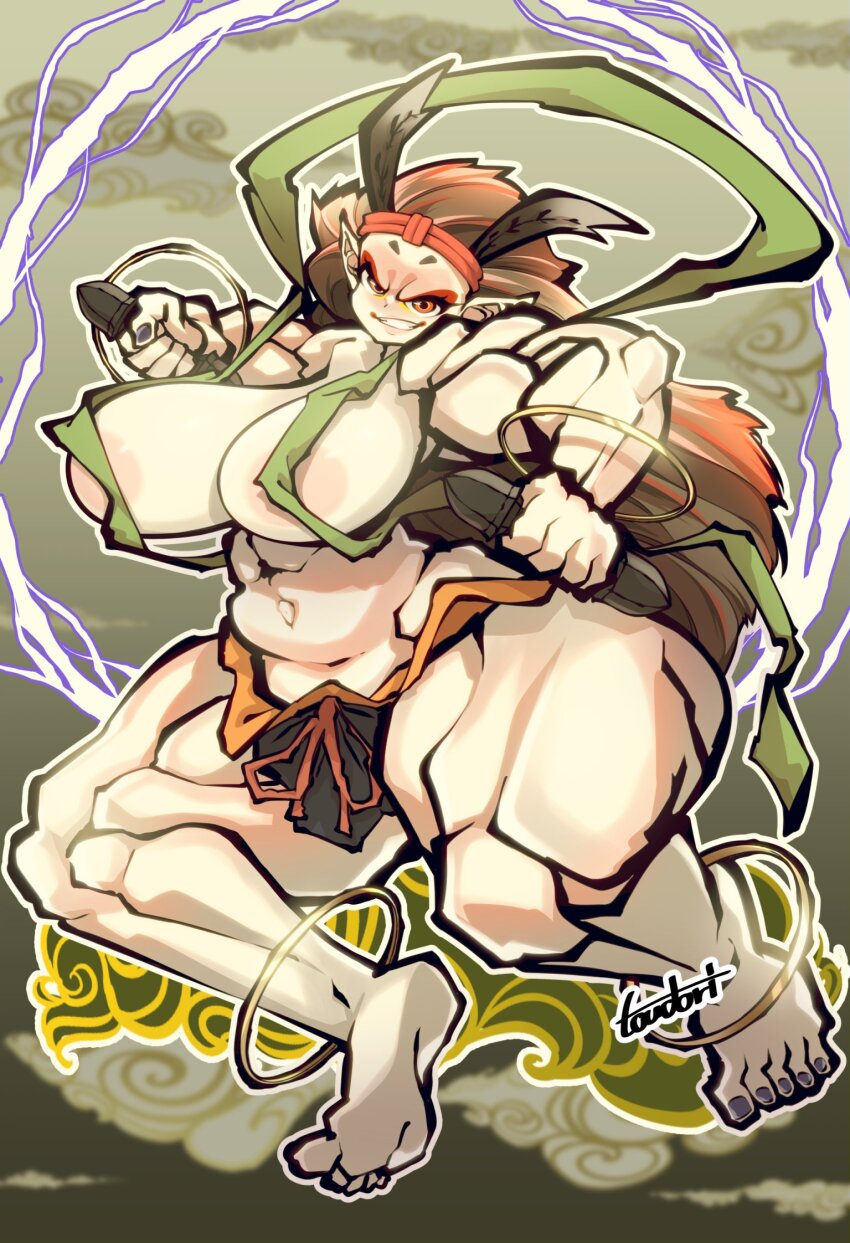 1girl breasts feet highres horns huge_breasts long_hair navel oboro_muramasa raijin_(oboro_muramasa) solo stomach thunder toudori