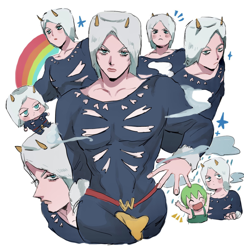 1boy 1girl :d belt black_bodysuit blue_eyes bodysuit chibi chibi_inset clothing_cutout cloud collarbone dot_nose excited expressionless eyelashes fake_horns fang foo_fighters_(jojo) frown fur_hat green_hair green_overalls hat heart highres horned_hat horned_headwear horns jitome jojo_no_kimyou_na_bouken looking_at_viewer looking_up male_focus matubaru_chan multiple_views open_mouth overalls rain rainbow red_belt smile star_(symbol) stone_ocean weather_report white_background