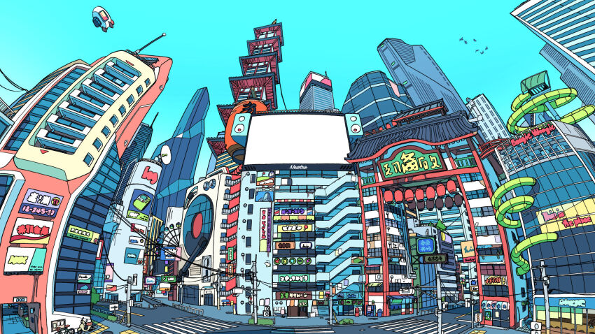 akabane_1999 awning billboard bird blue_sky building car city cityscape crosswalk day door ferris_wheel highres house lamppost motor_vehicle no_humans original outdoors power_lines radio_antenna road road_sign satellite_dish scenery shop sign sky slice_of_life stairs storefront street tower traffic_light utility_pole vending_machine