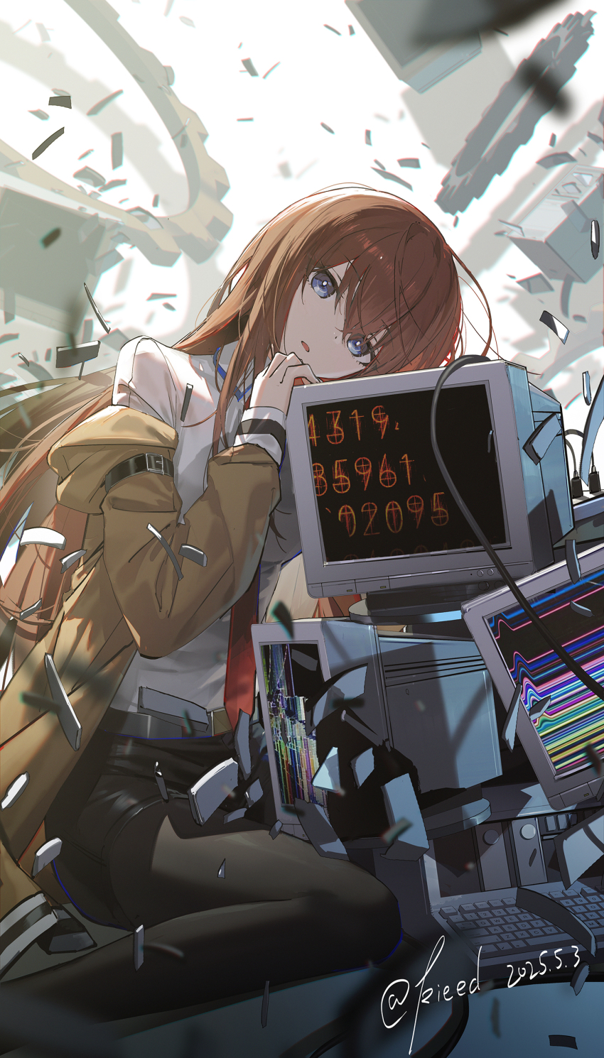 1girl absurdres black_pantyhose black_skirt blue_eyes blush brown_jacket hair_between_eyes highres jacket kieed long_hair looking_at_viewer makise_kurisu monitor necktie open_mouth pantyhose red_hair red_necktie shirt sidelocks sitting skirt solo steins;gate wariza white_shirt
