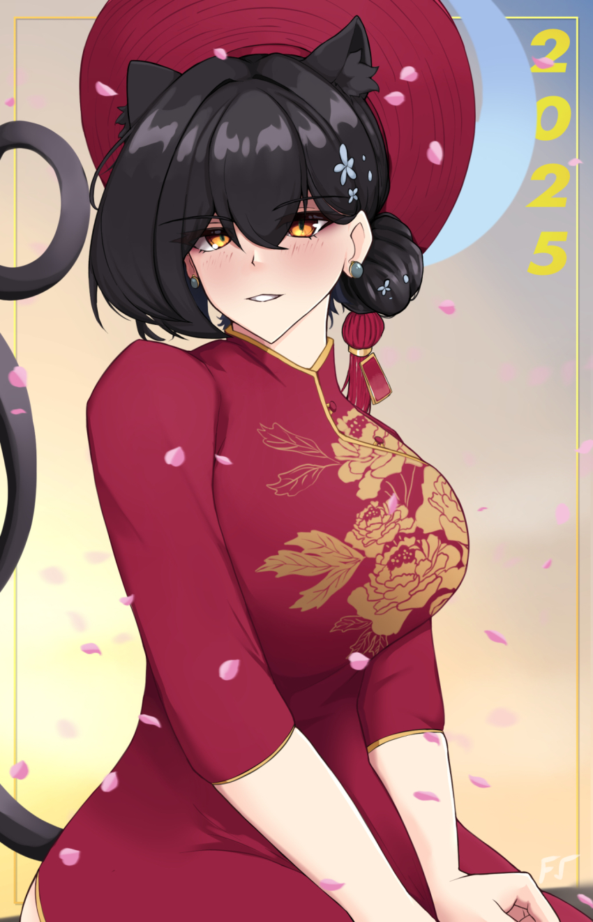 1girl 2025 alternate_costume animal_ears ao_dai black_hair blue_archive blush cat_tail cherry_blossoms extra_ears falling_petals floral_print frozen_vayne hair_ornament highres kaguya_(blue_archive) khan_van no_pants petals short_hair smile solo tail tassel yellow_eyes