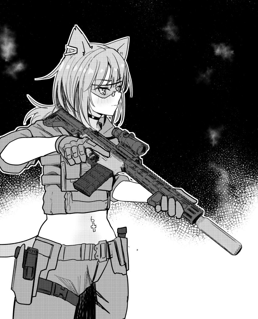 1girl acog ammunition_pouch animal_ear_piercing animal_ears ao_homura ar-15 belt belt_pouch black_choker blush bulletproof_vest cat_ears cat_girl cat_tail choker closed_mouth commentary cowboy_shot cross_piercing glock gloves goggles greyscale gun handgun highres holding holding_gun holding_weapon holster jacket light_particles load_bearing_vest magazine_(weapon) medium_hair monochrome navel navel_piercing optical_sight original piercing pouch rifle sidelocks simple_background sleeves_rolled_up smoke solo stomach suppressor tactical_clothes tail thigh_strap tinted_eyewear trigger_discipline vertical_foregrip weapon