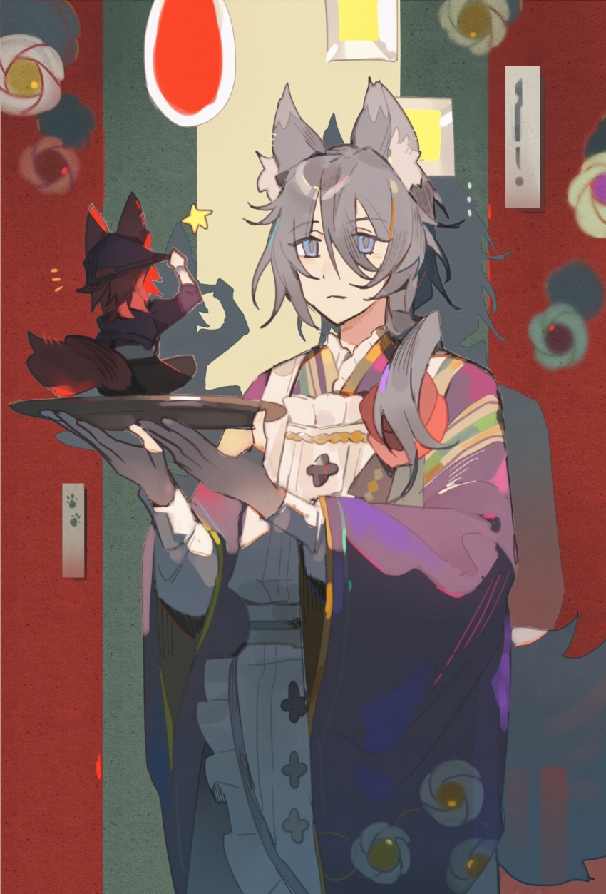 2boys amagi_rinne animal_ear_fluff animal_ears apron black_hat black_jacket black_pants blue_eyes chinese_commentary closed_mouth commentary_request crossdressing ensemble_stars! frilled_apron frills frown grey_hair hair_between_eyes hat highres holding holding_plate jacket japanese_clothes kimono long_hair maid maid_apron male_focus male_maid mini_person miniboy multiple_boys pants plate purple_kimono red_hair shiina_niki shirt side_ponytail tail tie_fei_wu_mang_dashuai wa_maid white_apron white_shirt wide_sleeves