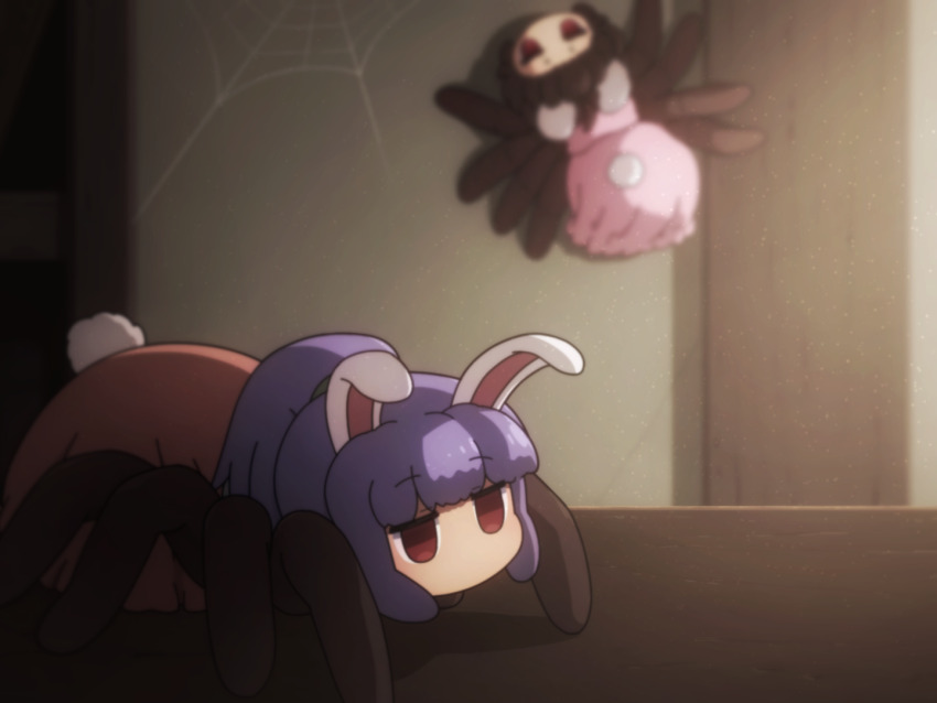 2girls animal_ears arthropod_girl black_hair blurry blurry_background bug commentary_request full_body human_head inaba_tewi insect_girl long_hair multiple_girls purple_hair rabbit_ears rabbit_tail red_eyes reisen_udongein_inaba shirosato short_hair silk spider spider_girl spider_web tail touhou