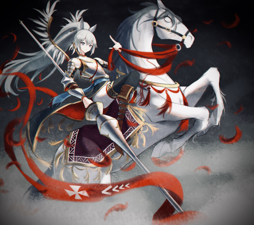1girl absurdres animal_ears arknights armor banner boots breastplate commentary english_commentary female_knight grani_(arknights) grey_eyes grey_hair highres horse horse_ears knight lance long_hair looking_at_viewer ochame petals poland polearm ponytail rearing riding shoulder_armor thighhighs vambraces very_long_hair weapon winged_hussar