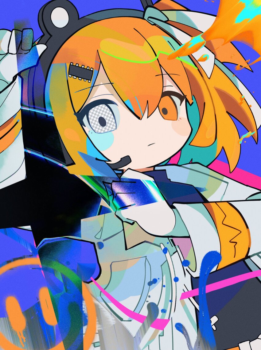 1girl a.i._voice absurdres adachi_rei black_shirt blue_background clenched_hand closed_mouth coat gloves hair_ornament headset highres long_sleeves looking_at_viewer microphone mismatched_sclera morizo_(morizoshop) one_side_up open_clothes open_coat orange_eyes orange_hair paint_splatter shirt short_hair smiley_face solo upper_body utau white_coat white_gloves